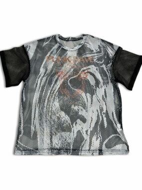 Punk Rave Graphic Black & White Marbled Fishnet Mesh T-Shirt